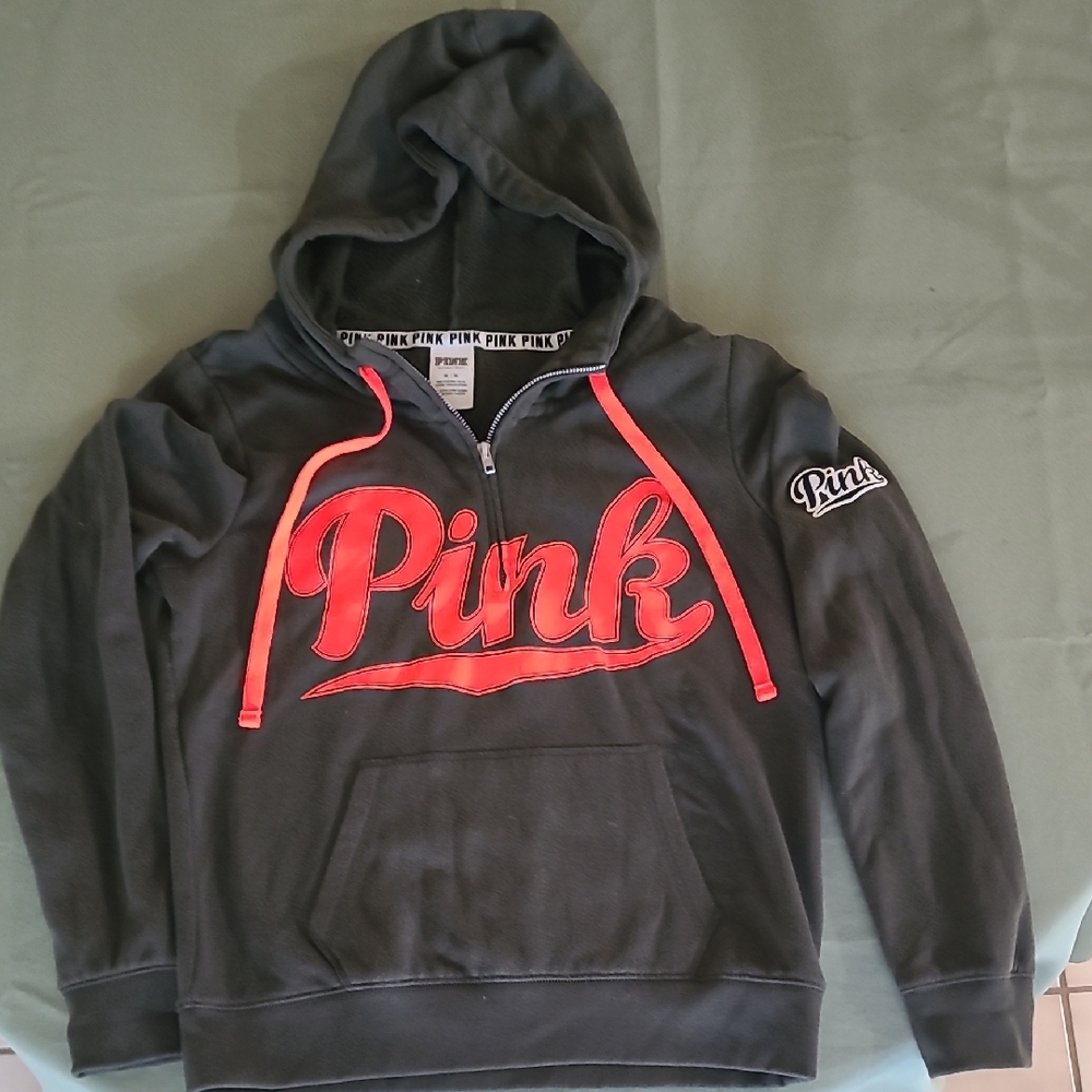 Victoria's Secret Pink Pullover Hoodie Medium Dark Green w/ Neon Orange